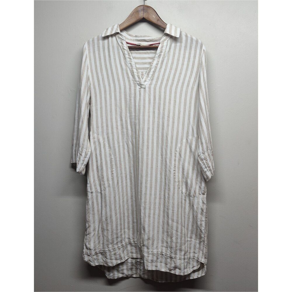 Soft Surroundings Linen Mini Dress Women M White Tan Stripes 3/4 Sleeve Boho